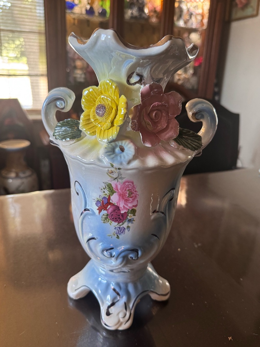 Blue Porcelain Floral Accent Vase with Yellow and Pink Flowers